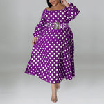 Wholesale Women Plus Size Clothing Long-Sleeved Printed Polka Dot Big Swing Backless Belted Dress