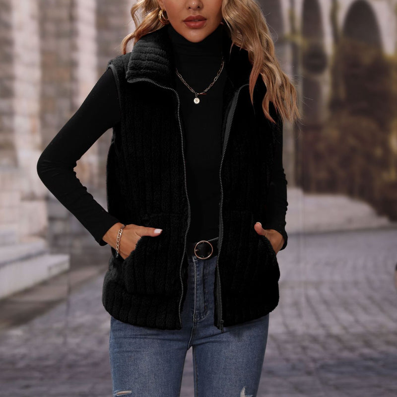 Lapel Sleeveless Loose Stripe Zip Plush Casual Vest Jacket Wholesale Womens Clothing N3823111600032
