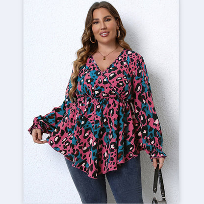 Wholesale Plus Size Womens Clothing Long Sleeve Irregular Leopard Print Top