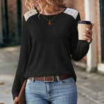 Round Neck Ribbed Brushed Lace Long Sleeve Top Wholesale Womens Tops