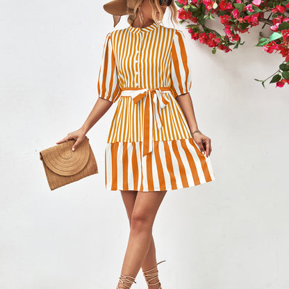 Lantern Sleeve Stand Collar Half Sleeve Striped Dress Wholesale Dresses