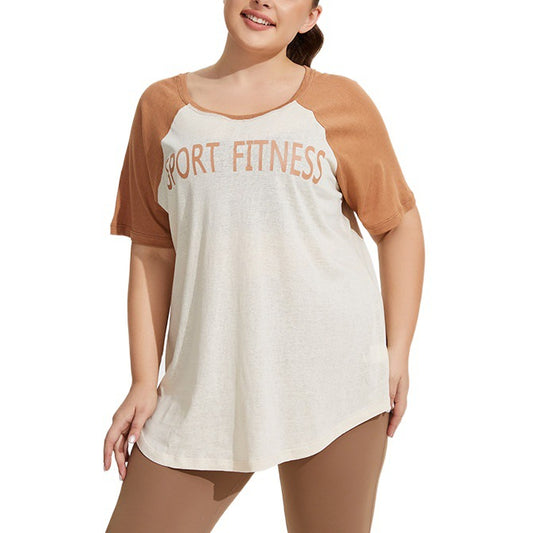 Wholesale Plus Size Womens Clothing Loose Through Contrast Color Sports Short-Sleeved T-Shirt