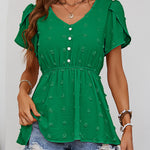 Women's V-Neck Tulip Sleeve Button Embellished Jacquard T-Shirt Wholesale Womens Clothing N3824010500024