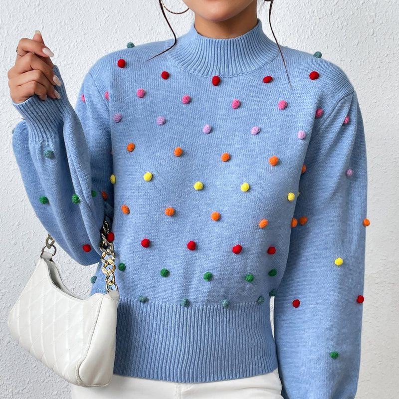 Stylish Three-Dimensional Colourful Thread Ball Knit Sweater Wholesale Womens Tops