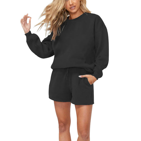 Solid Color Crew Neck Fleece Sweatshirt And Shorts Wholesale Womens 2 Piece Sets N3823103000036