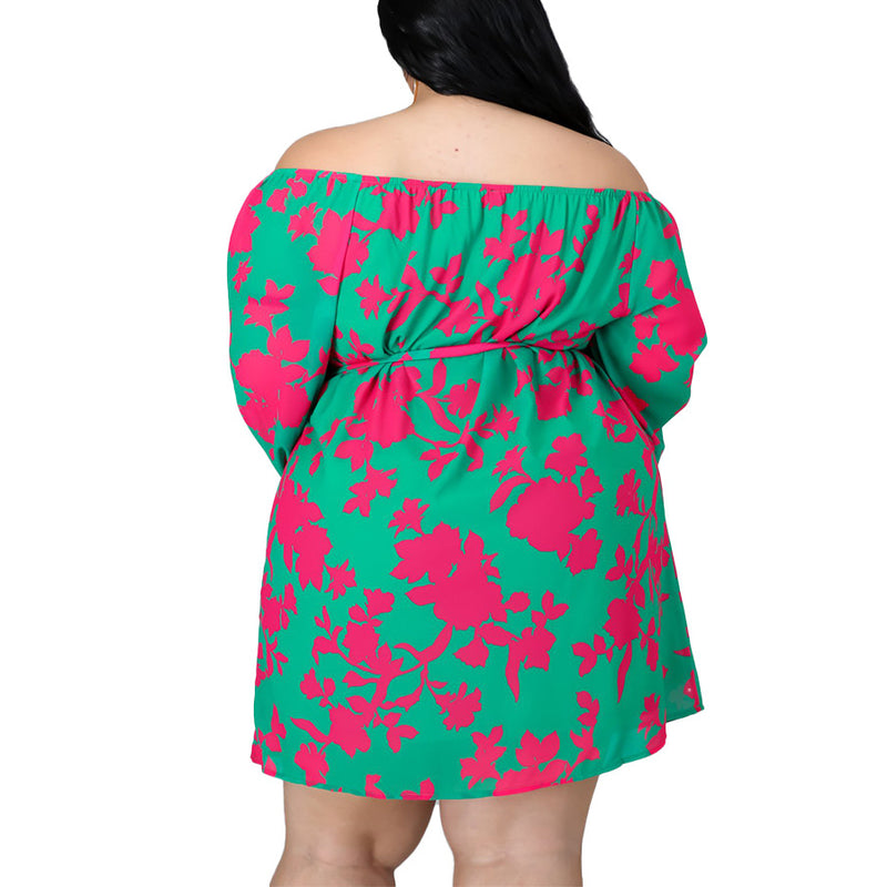 Trendy Printed Long Sleeve Off-Shoulder Loose Dress Wholesale Plus Size Womens Clothing N3823100900040
