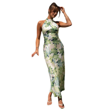 Sexy Sleeveless Hanging Neck Split Floral Print Dress Wholesale Dresses