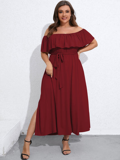 Wholesale Plus Size Womens Clothing Slit Solid Color Strapless Wood Ear Dress