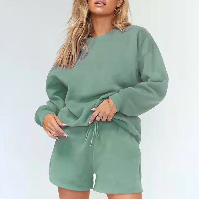 Solid Color Crew Neck Fleece Sweatshirt And Shorts Wholesale Womens 2 Piece Sets N3823103000036