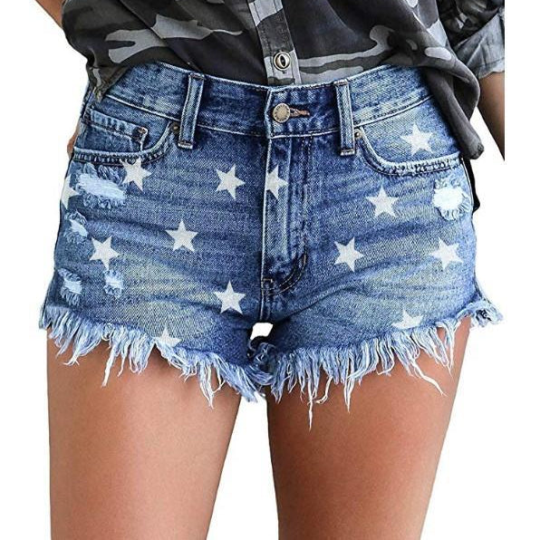 Sexy Ripped Denim Shorts Star Print Wholesale Womens Clothing N3823090500065