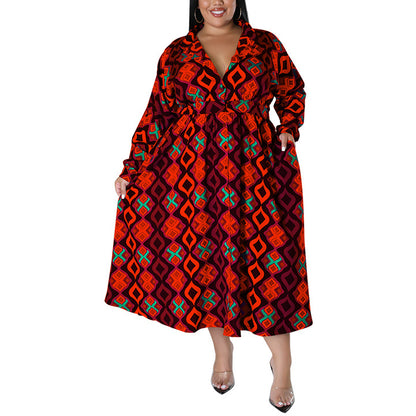 Wholesale Women Plus Size Clothing Long Sleeves Big Swing Printed Belt Dress