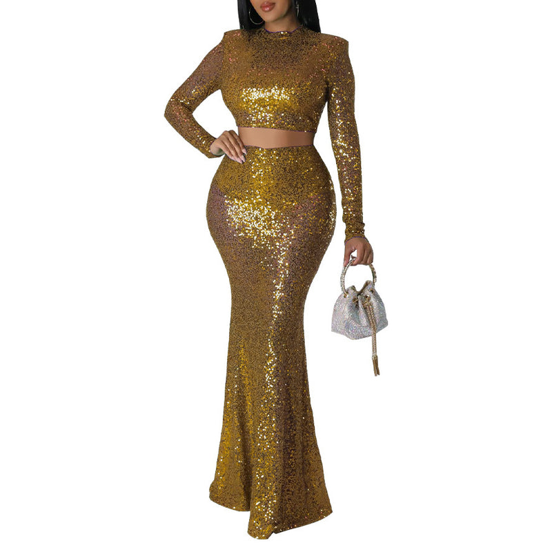 Sequined Fishtail Skirt Suit Two Piece Set Wholesale Womens Clothing N3823103000111