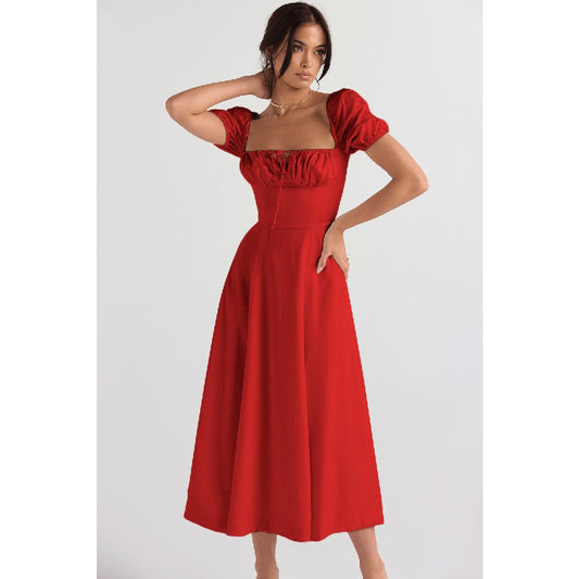 Elegant Bubble Sleeve Square Neck Lace-Up High Waist Dress Wholesale Dresses