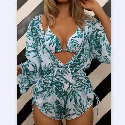 Drawstring Long Sleeve Playsuit Beach Three Piece Bikini Wholesale Women'S Clothing