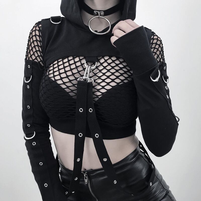 Dark Punk Sexy Round Neck Long Sleeve Navel Mesh Short Tops Wholesale Womens Tops