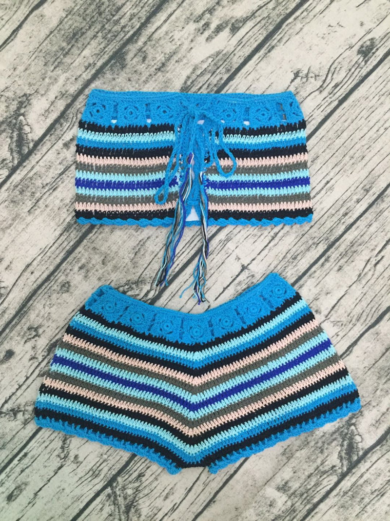 Sexy Colorful Striped Hand Hooked Bikini And Shorts Split Swimsuit Wholesale Women'S 2 Piece Sets