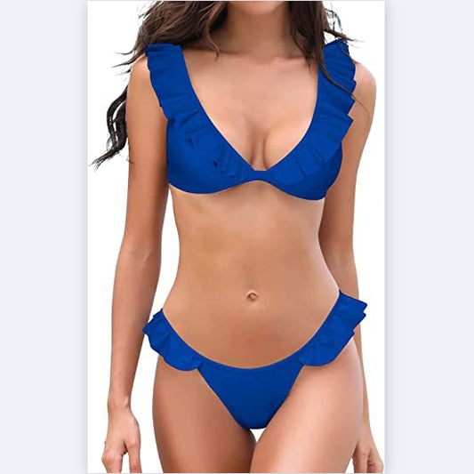 Solid Color Wooden Ear Sleeveless Bikini Set Swimsuit Wholesale Women'S Clothing