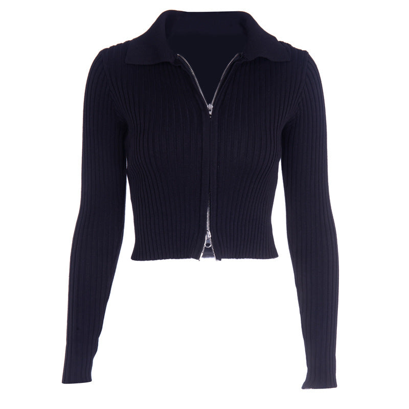 Casual Knit Zipper Long Sleeve High Neck Revealing Top Wholesale Womens Tops