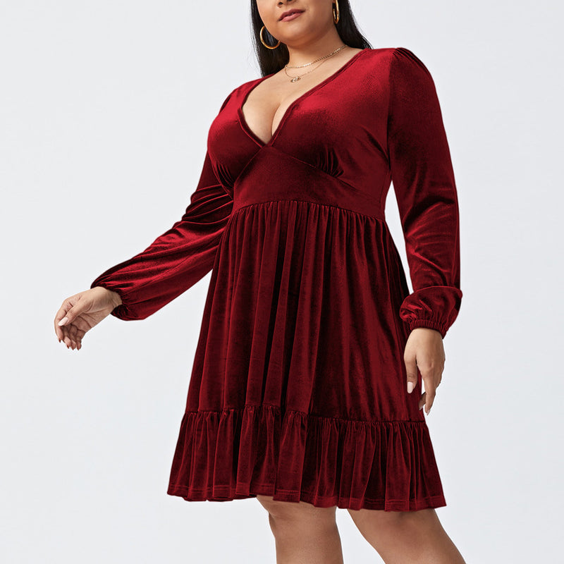 Wholesale Women Plus Size Clothing Long Sleeve Low Cut Slim Fit Swing Dress