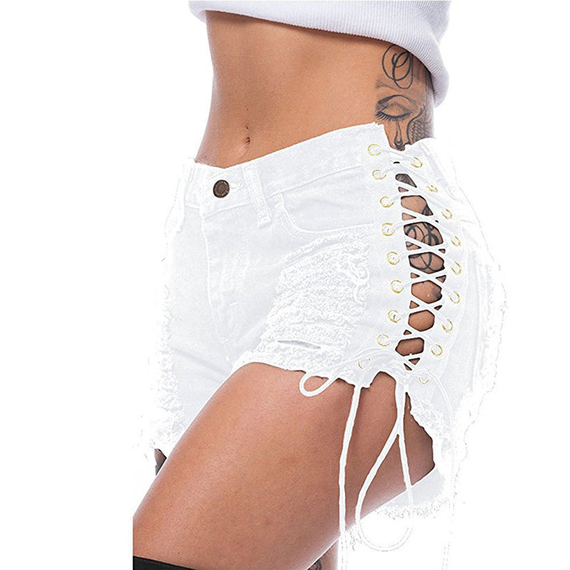 Lace-Up Ripped Denim Shorts Wholesale Womens Clothing N3823090500038