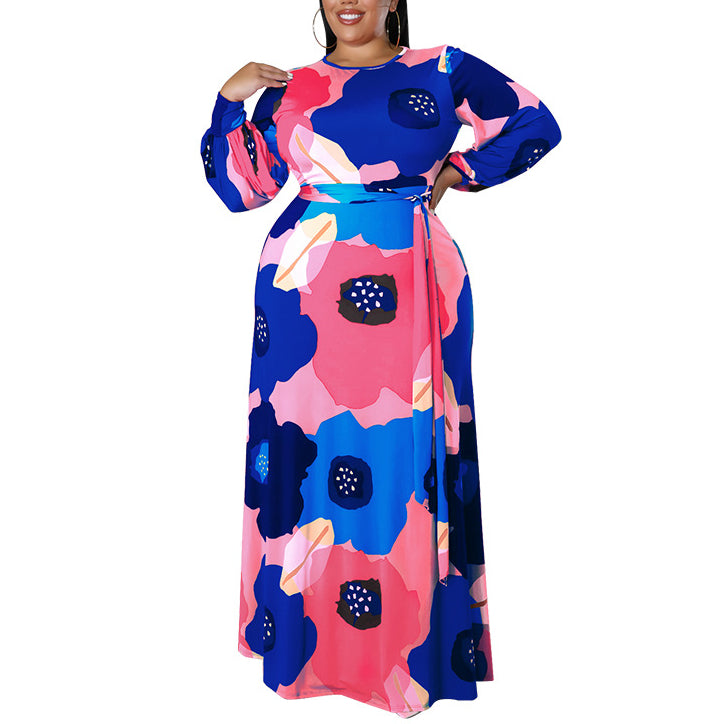 Wholesale Women Plus Size Clothing Long Sleeve Floral Print Round Neck Dress