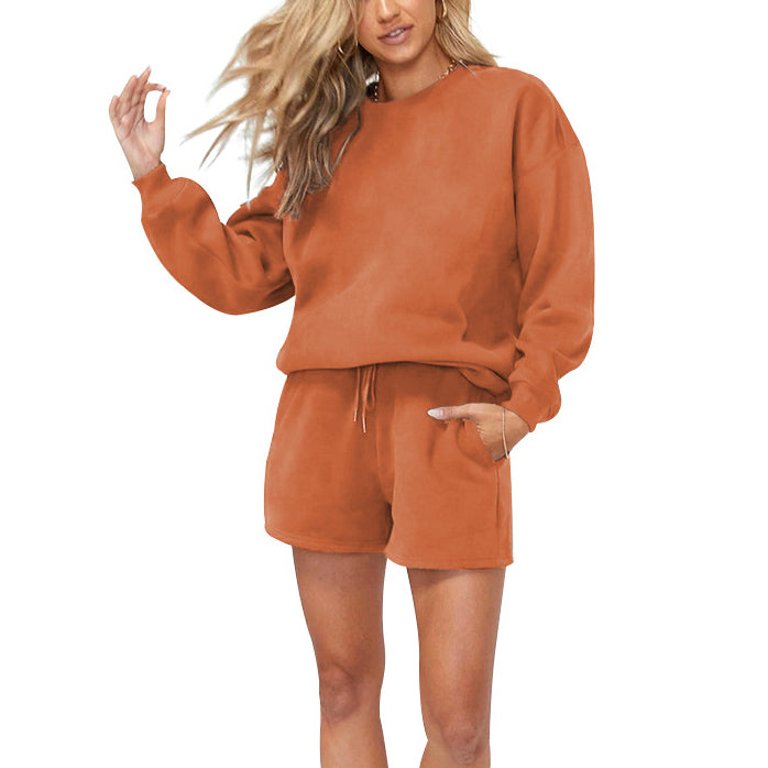 Solid Color Crew Neck Fleece Sweatshirt And Shorts Wholesale Womens 2 Piece Sets N3823103000036