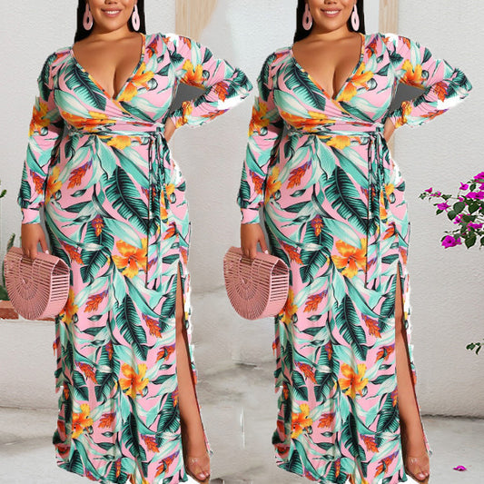 Wholesale Plus Size Clothing Elegant V-Neck Long Sleeve Printed Milk Silk Dress