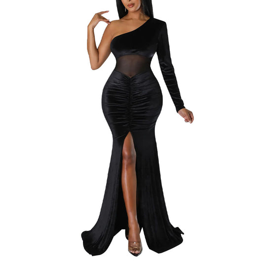 Slant Neck Pleated Slit Solid Color Train Dress Wholesale Womens Clothing N3823103000087