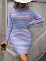 Stylish Inter-Colour Striped Round Neck Mid-Length Knitted Dress Wholesale Dresses