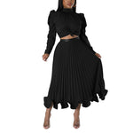 Puff Sleeve Top Ruffled Pleated Skirt Two-Piece Set Wholesale Womens Clothing N3823103000057