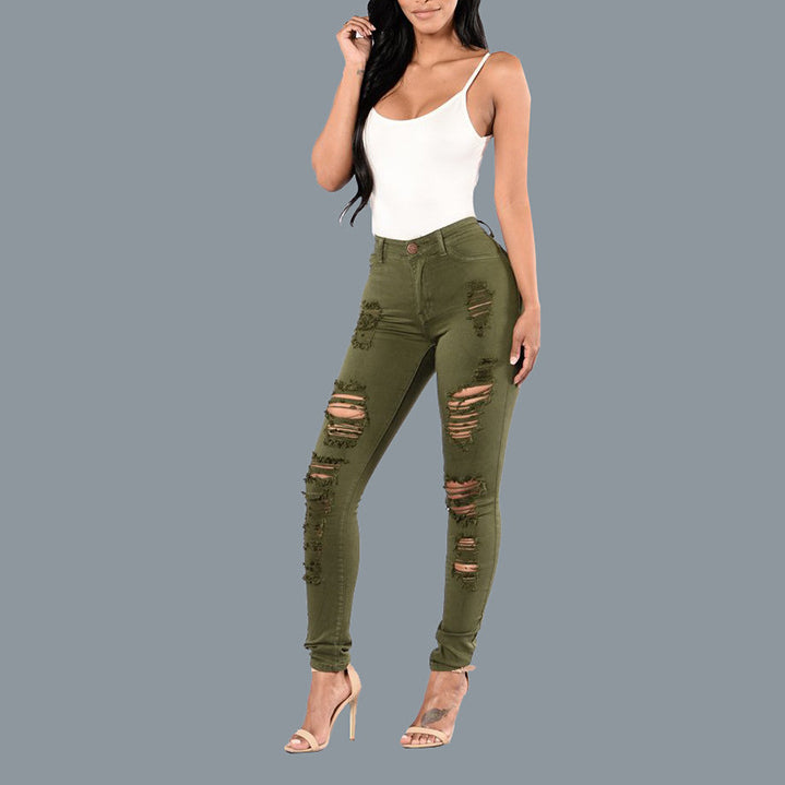 Solid Color Hole High Waist Tight Hip Lifting Denim Pencil Pants Wholesale Womens Clothing