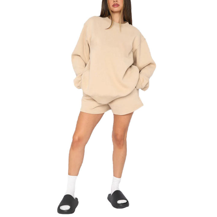 Solid Color Round Neck Pullover Long Sleeve Sweatshirt Shorts Set Wholesale Womens Clothing N3823103000014