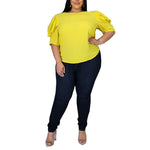 Wholesale Plus Size Womens Clothing Puff Sleeve Casual Loose Solid Color Top