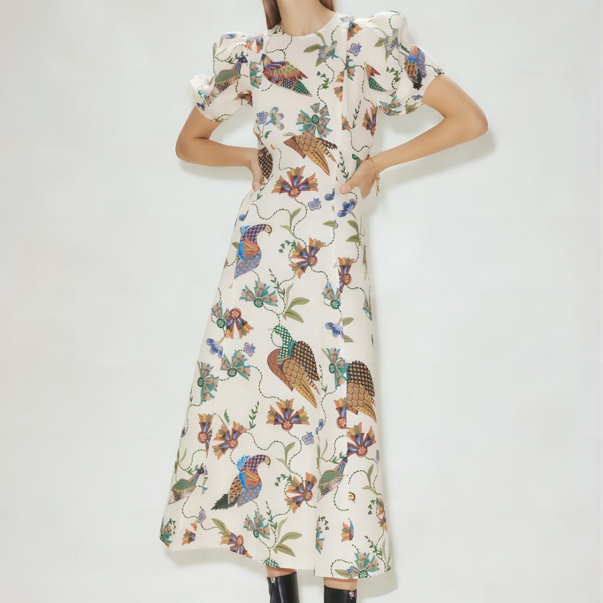 Fashion Bird Print Short Sleeve Round Neck Dress Wholesale Dresses