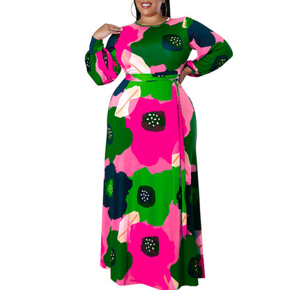 Wholesale Women Plus Size Clothing Long Sleeve Floral Print Round Neck Dress