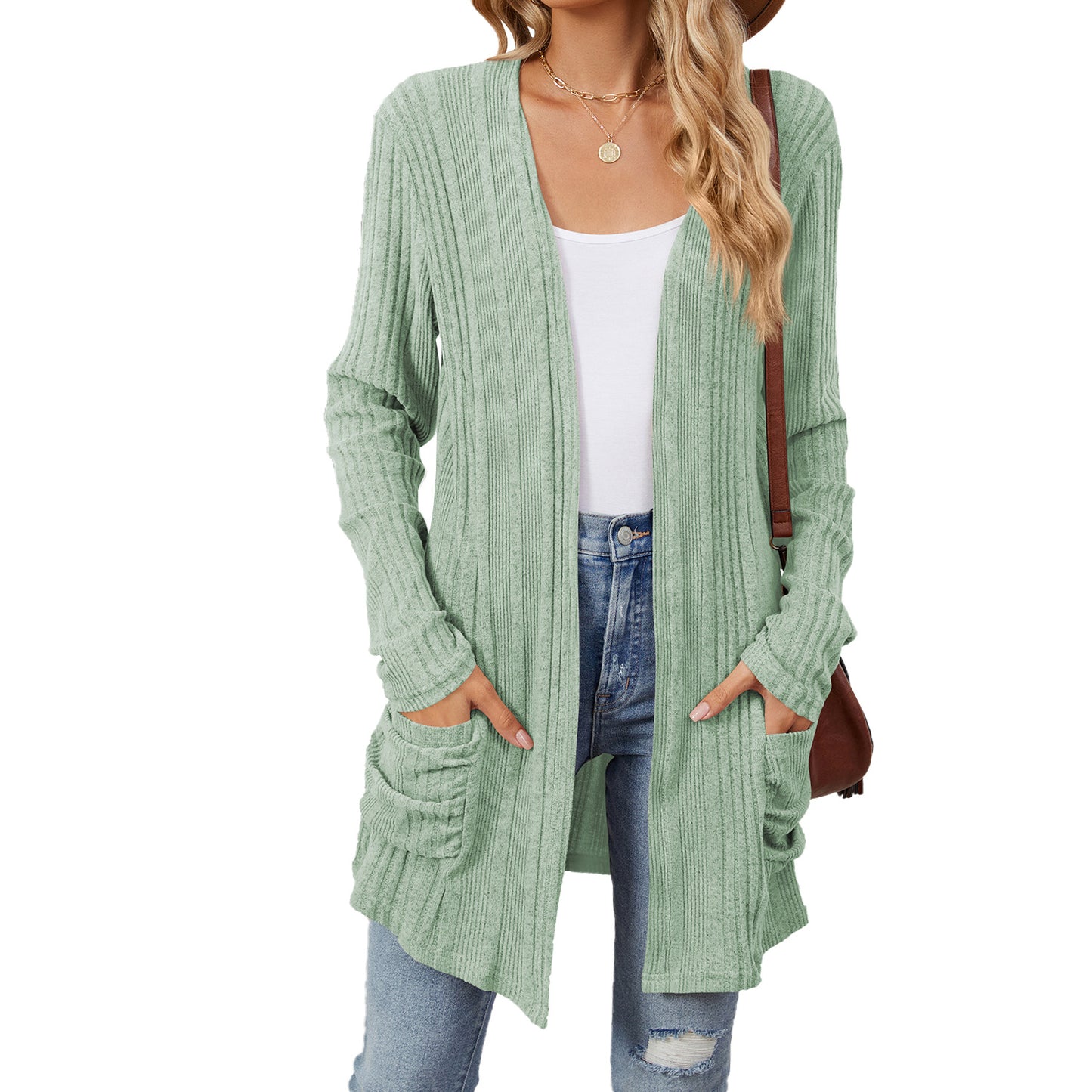 Solid Color Striped Brushed Pocket Cardigan Long Sleeve Sweater Wholesale Womens Clothing N3824072900052