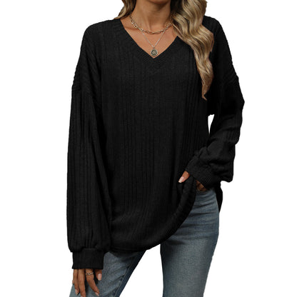 Solid Color V-Neck Loose Long Sleeve Knitted Sweater Wholesale Womens Clothing N3824091200015