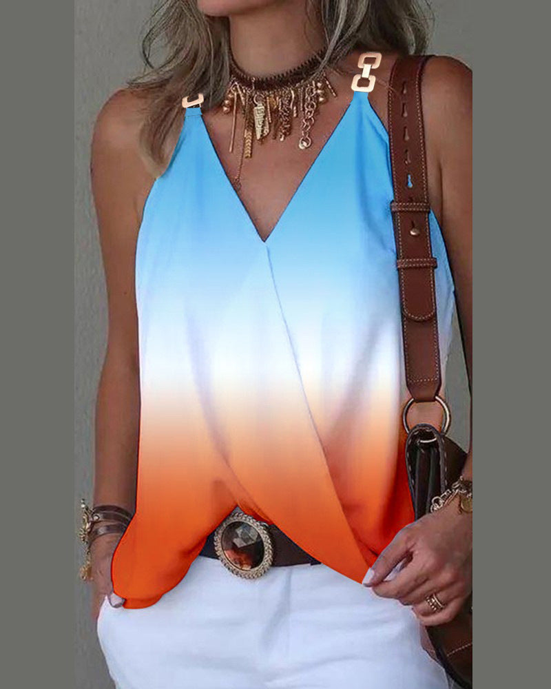 Simple V-Neck Metal Button Printed Tank Top Wholesale Womens Tops