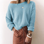 Solid Color Loose Slant Neck Pullover Long Sleeve Knit Top Wholesale Womens Tops