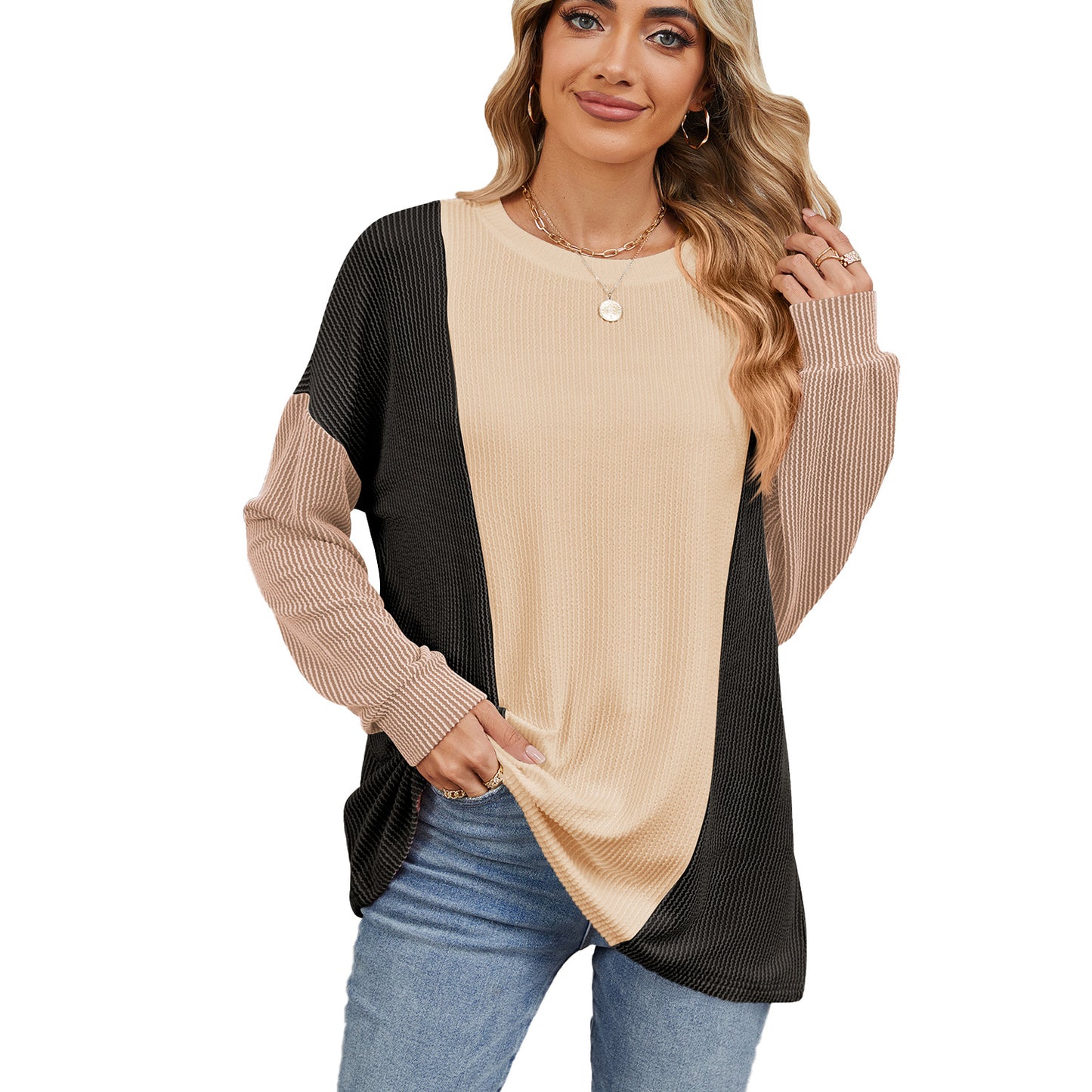 Round Neck Splicing Color Loose Pullover Long Sleeve Sweater Wholesale Womens Clothing N3824091200022