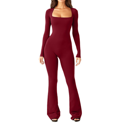 Long Sleeve Waist Square Neck Wide Leg Jumpsuit Wholesale Womens Clothing N3823112200024