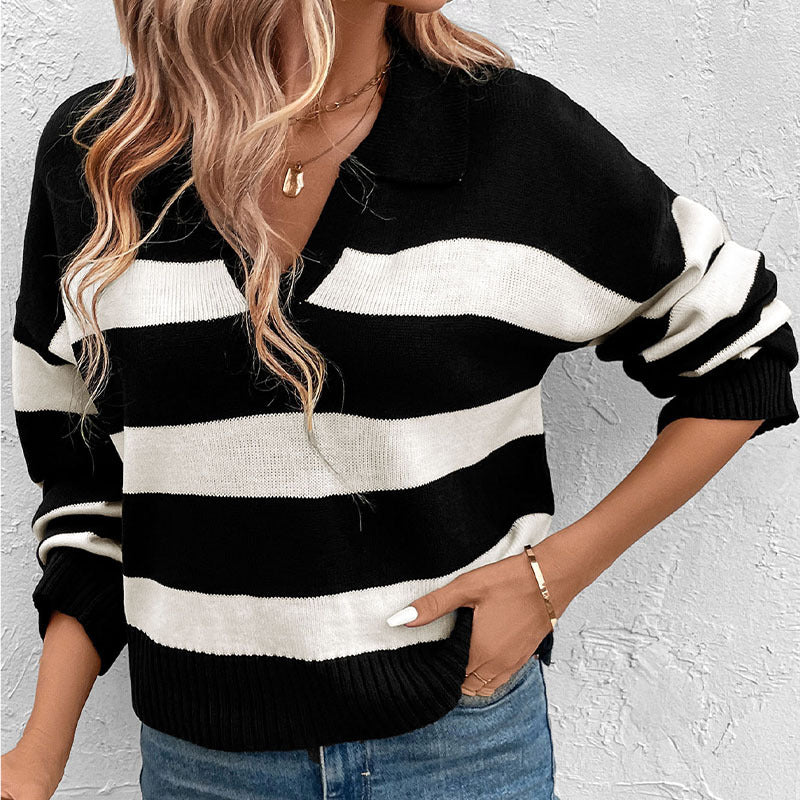 Long Sleeve Lapel Striped Sweater Wholesale Womens Clothing N3824080900001