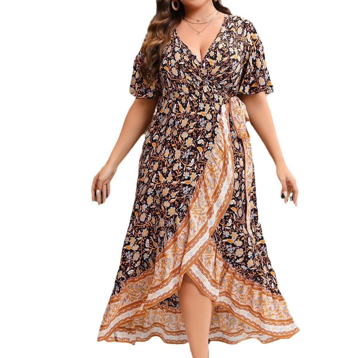 Plus Size V Neck Short Sleeve Printed Ruffle Patchwork Irregular Tie Wrap Dresses Wholesale Womens Clothing N3824080300003