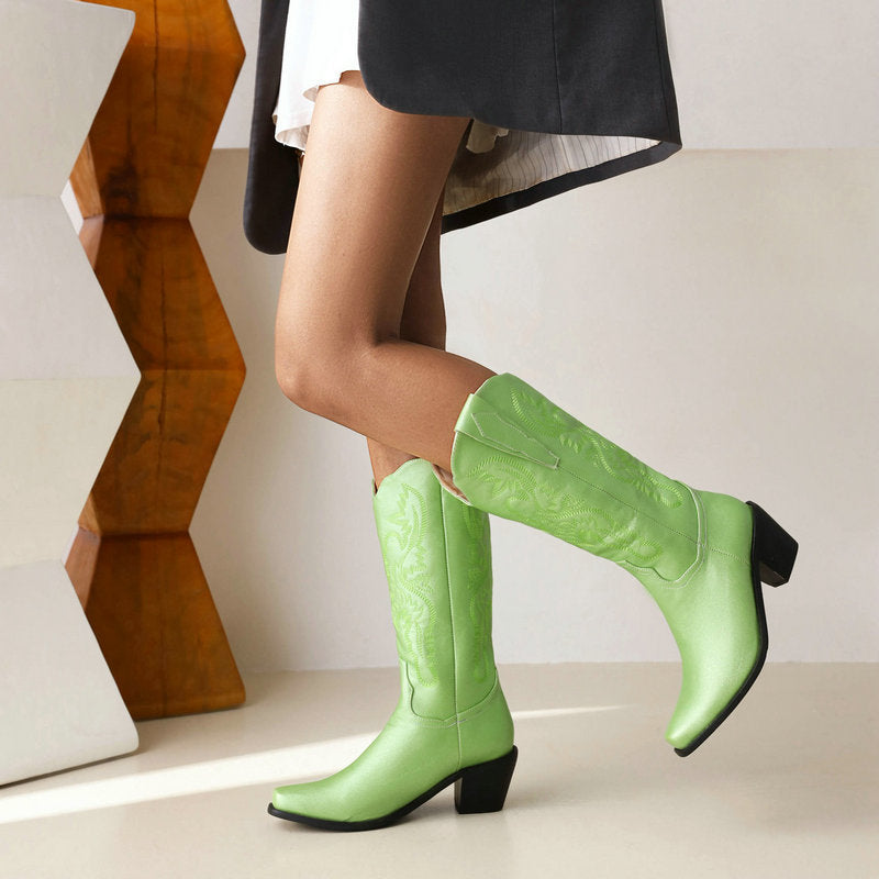 Embroidered Retro Large Tube Square Toe Chunky Heel High Boots Wholesale Women'S Clothing
