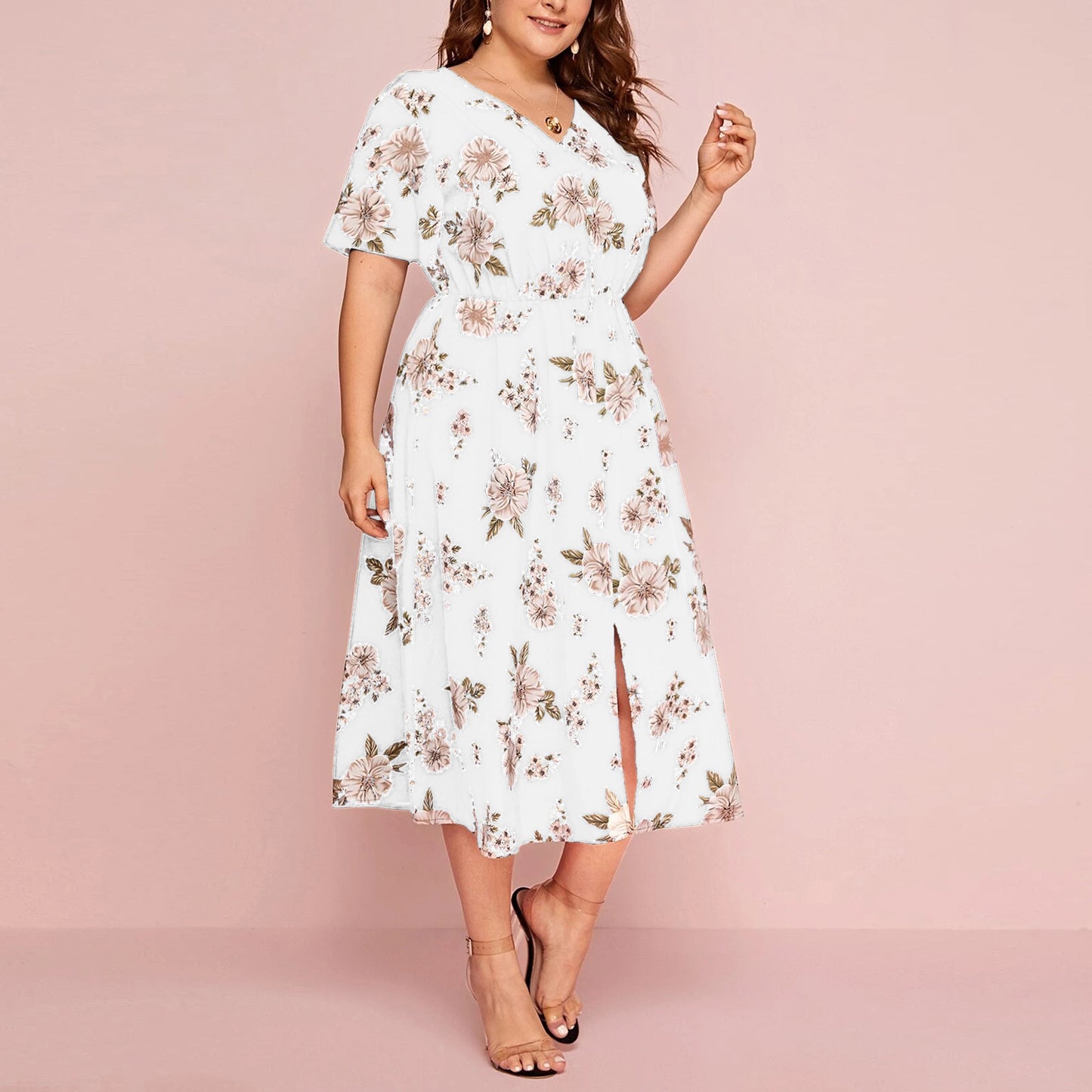 Plus Size Women's Floral Printed V-Neck Waist Dress Wholesale Plus Size Womens Clothing N3824052500007