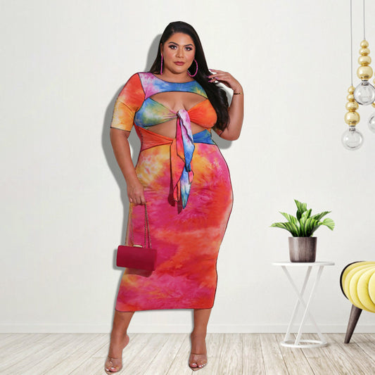 Wholesale Plus Size Clothing Sexy Round Neck Cut-Out Patchwork Tie-Dye Dress