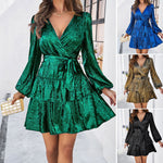 Solid Color Long Sleeve Dress Long Sleeve V Neck Ruffle Wholesale Womens Clothing N3824040108129