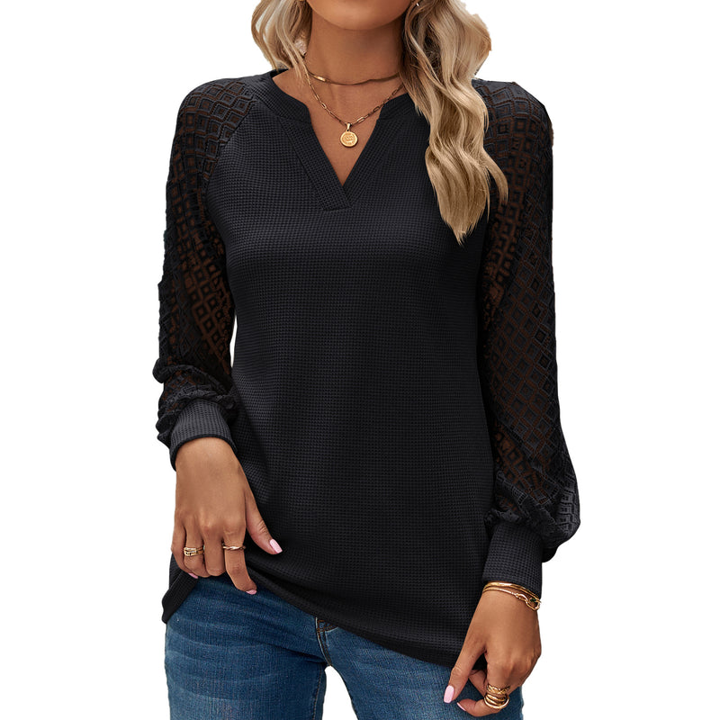 Lace Waffle Panel Long Sleeve V-Neck T-Shirt Top Wholesale Womens Clothing N3823112800040