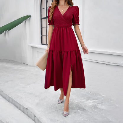 Solid Color Shirred V Neck Short Sleeve Maxi Dresses Wholesale Womens Clothing N3824040100118