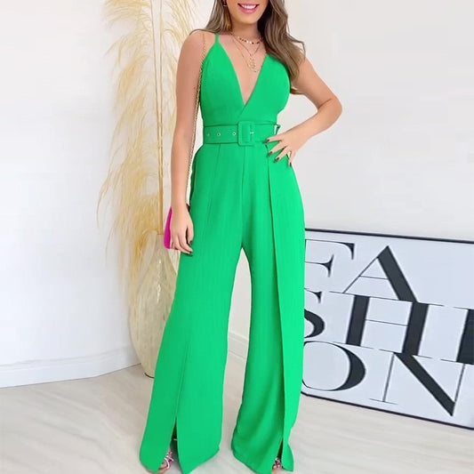 Suspension V-Neck High Waist Slit Hem Wide Leg Pants Wholesale Women Jumpsuit N3823100900077